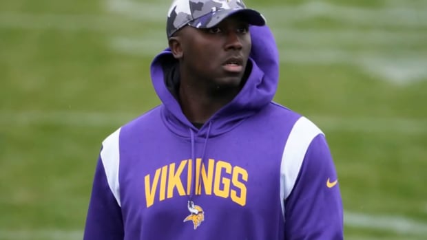 Minnesota Vikings assistant quarterbacks coach Jerrod Johnson during practice at Hanbury Manor.